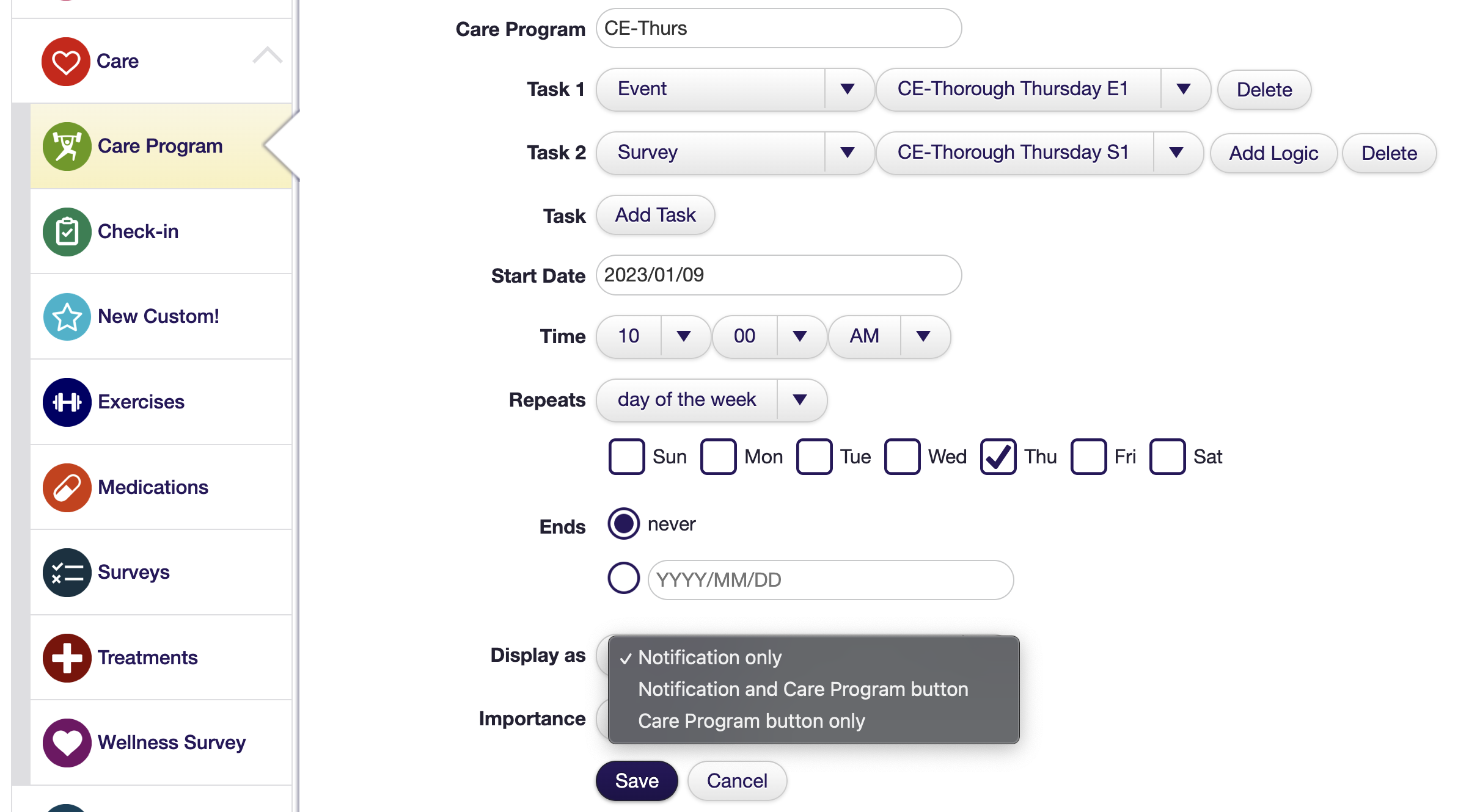 How do I display a Care Program as a notification and/or a button on ...